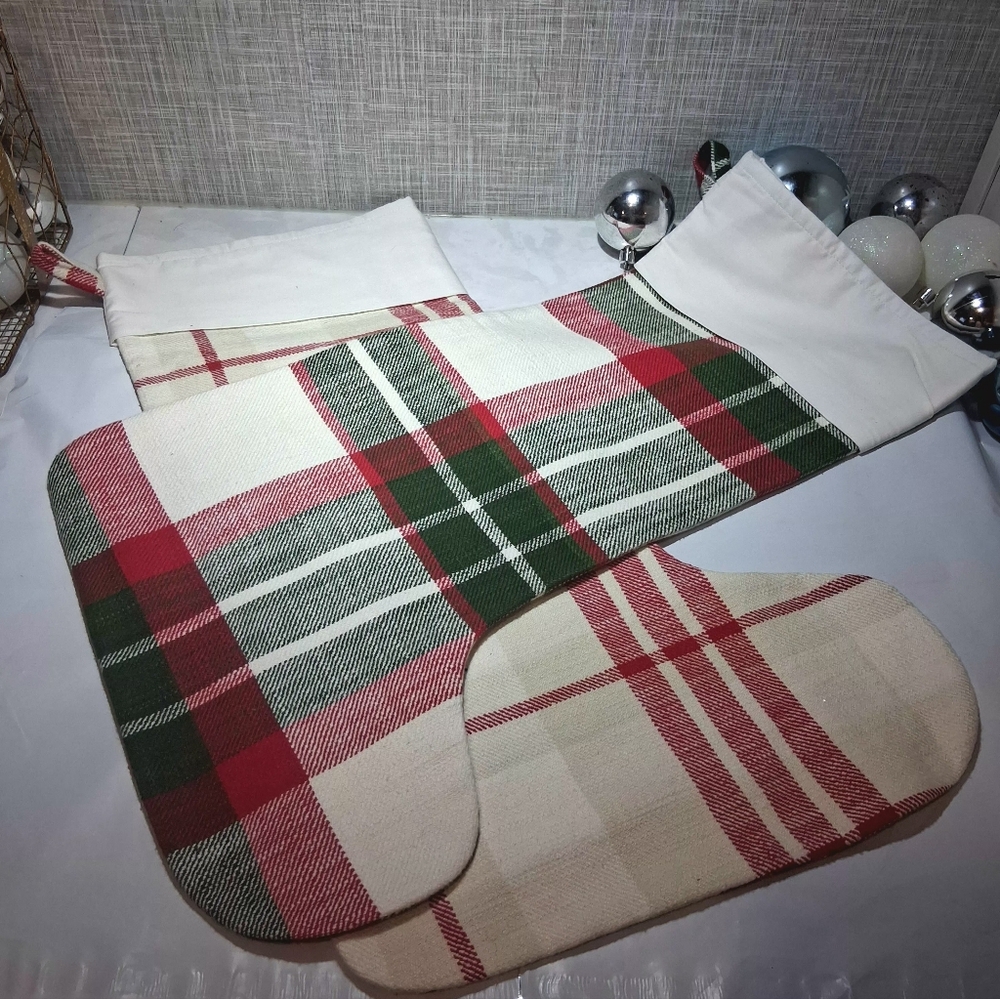 CHRISTMAS STOCKINGS SET of 2 PLAID Skyline Imports BRAND-NEW